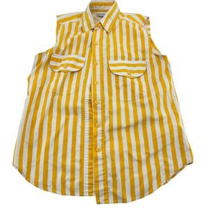 Vintage Center Aisle Yellow White Striped Sleeveless Button Down Shirt Small